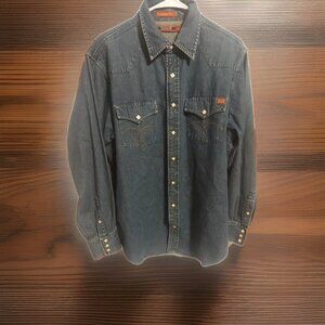 Cremieux Premium Denim Shirt Mens L Blue Long‎ Sleeve Button-Up Pearl Cowboy